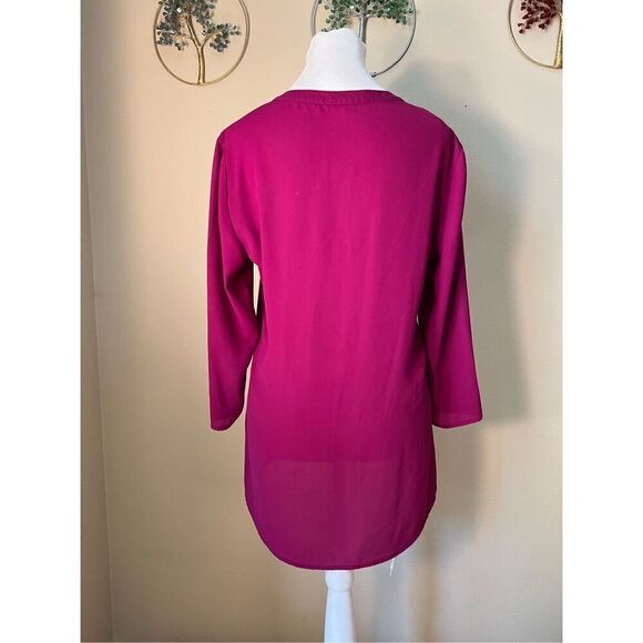 Express Fuchsia Pink Purple 3/4 Sleeve Zip Neckline Blouse Women's Small - Picture 9 of 9